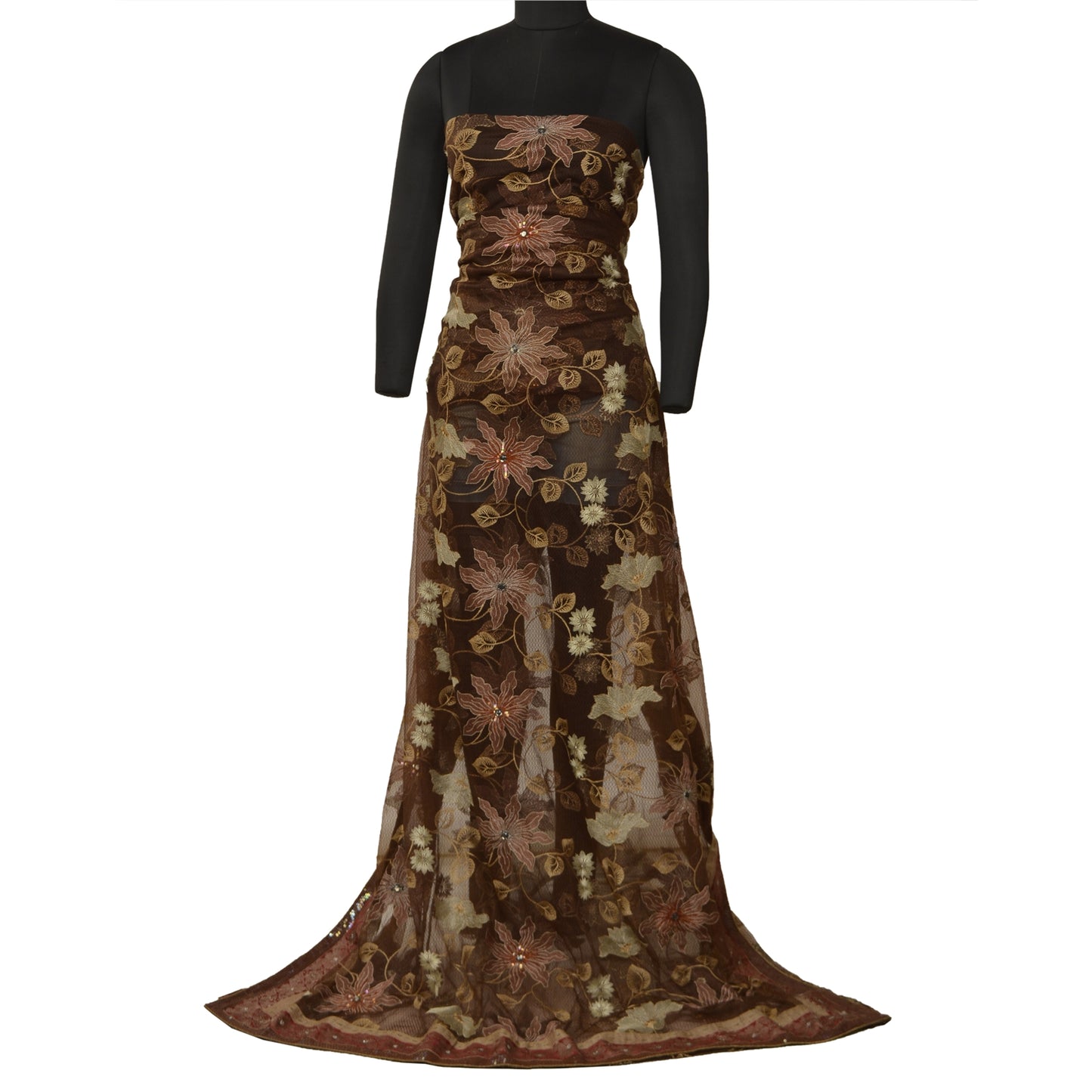 Санскрити Винтаж Коричневый Тяжелые Сари Сетка Вышитая Вечеринка Сари Экологичная Ткань