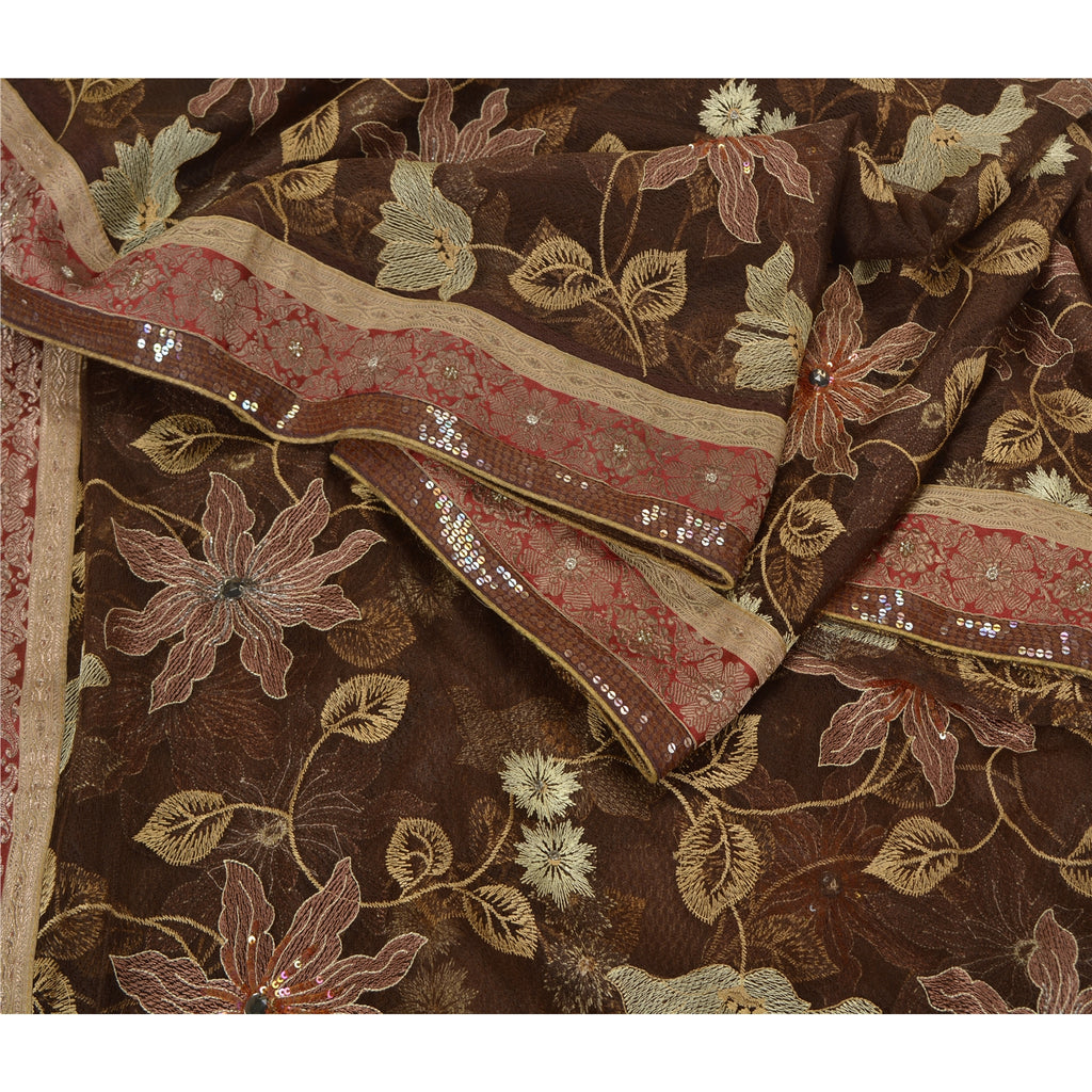 Санскрити Винтаж Коричневый Тяжелые Сари Сетка Вышитая Вечеринка Сари Экологичная Ткань