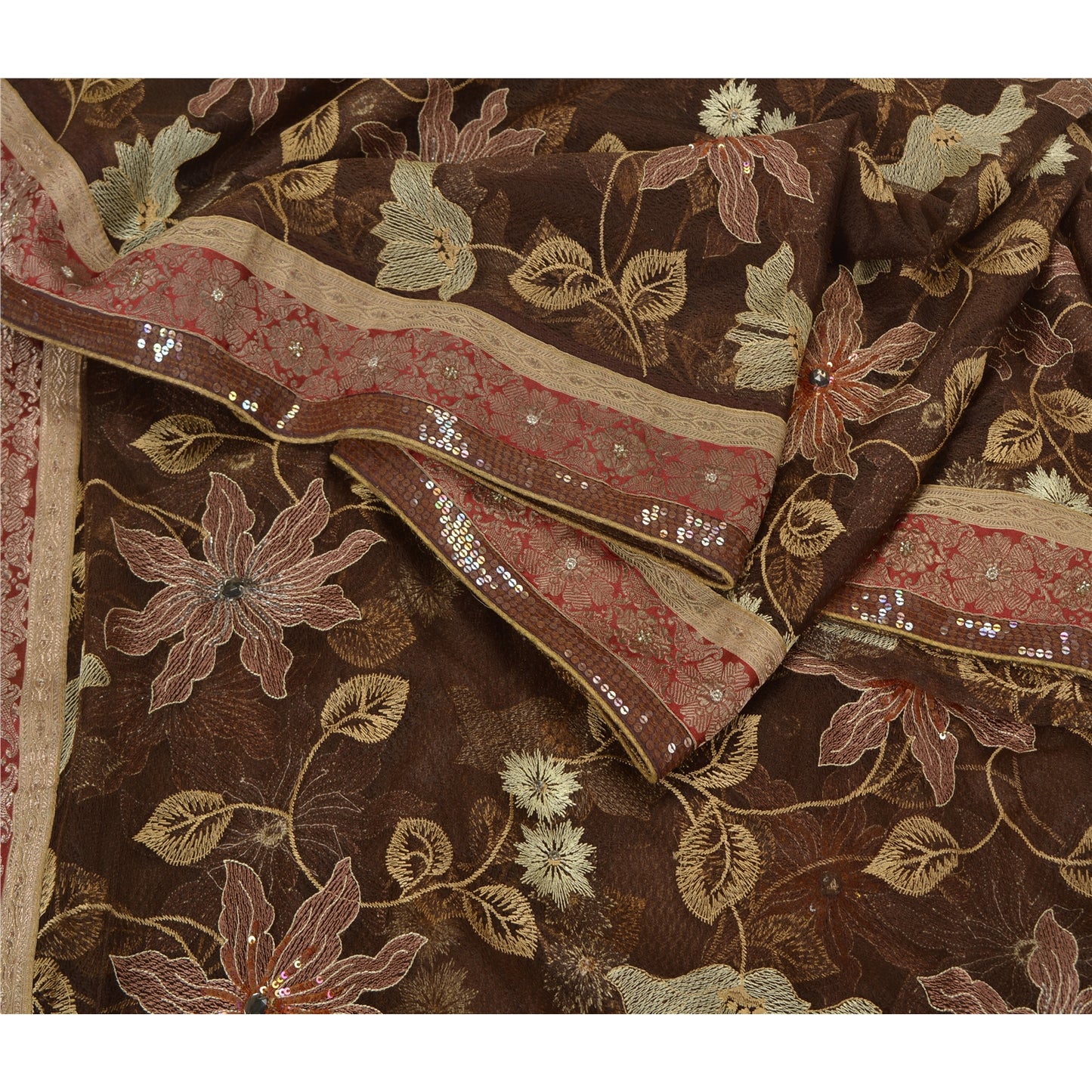 Санскрити Винтаж Коричневый Тяжелые Сари Сетка Вышитая Вечеринка Сари Экологичная Ткань