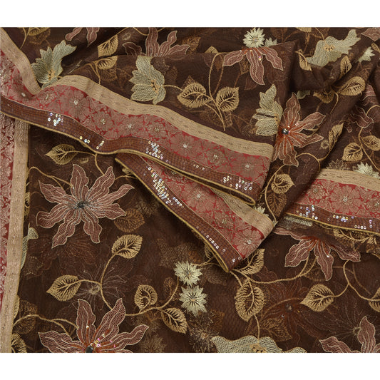 Sanskriti Vintage Brown Heavy Sarees Net Mesh Embroidered Party Sari Sustainable Fabric