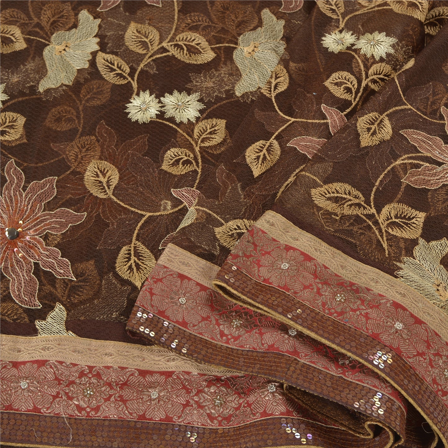 Санскрити Винтаж Коричневый Тяжелые Сари Сетка Вышитая Вечеринка Сари Экологичная Ткань