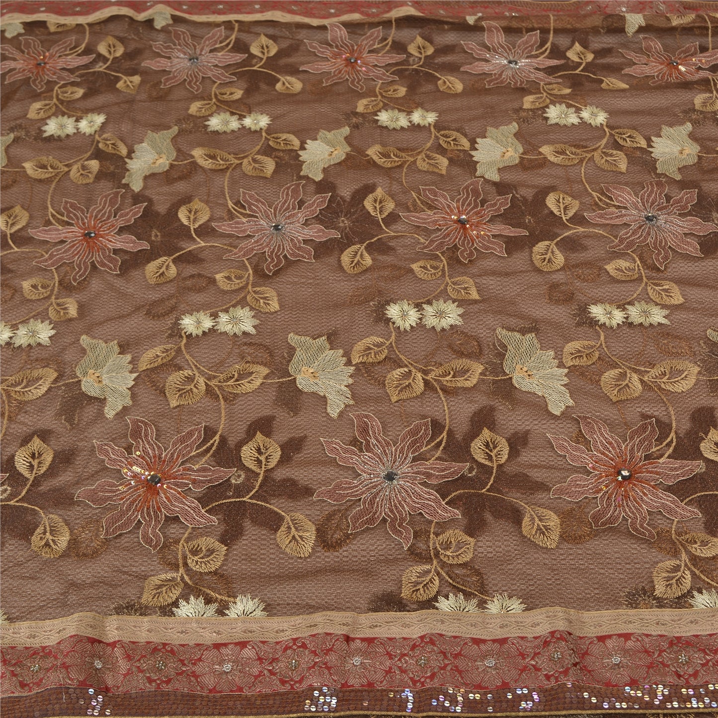 Санскрити Винтаж Коричневый Тяжелые Сари Сетка Вышитая Вечеринка Сари Экологичная Ткань