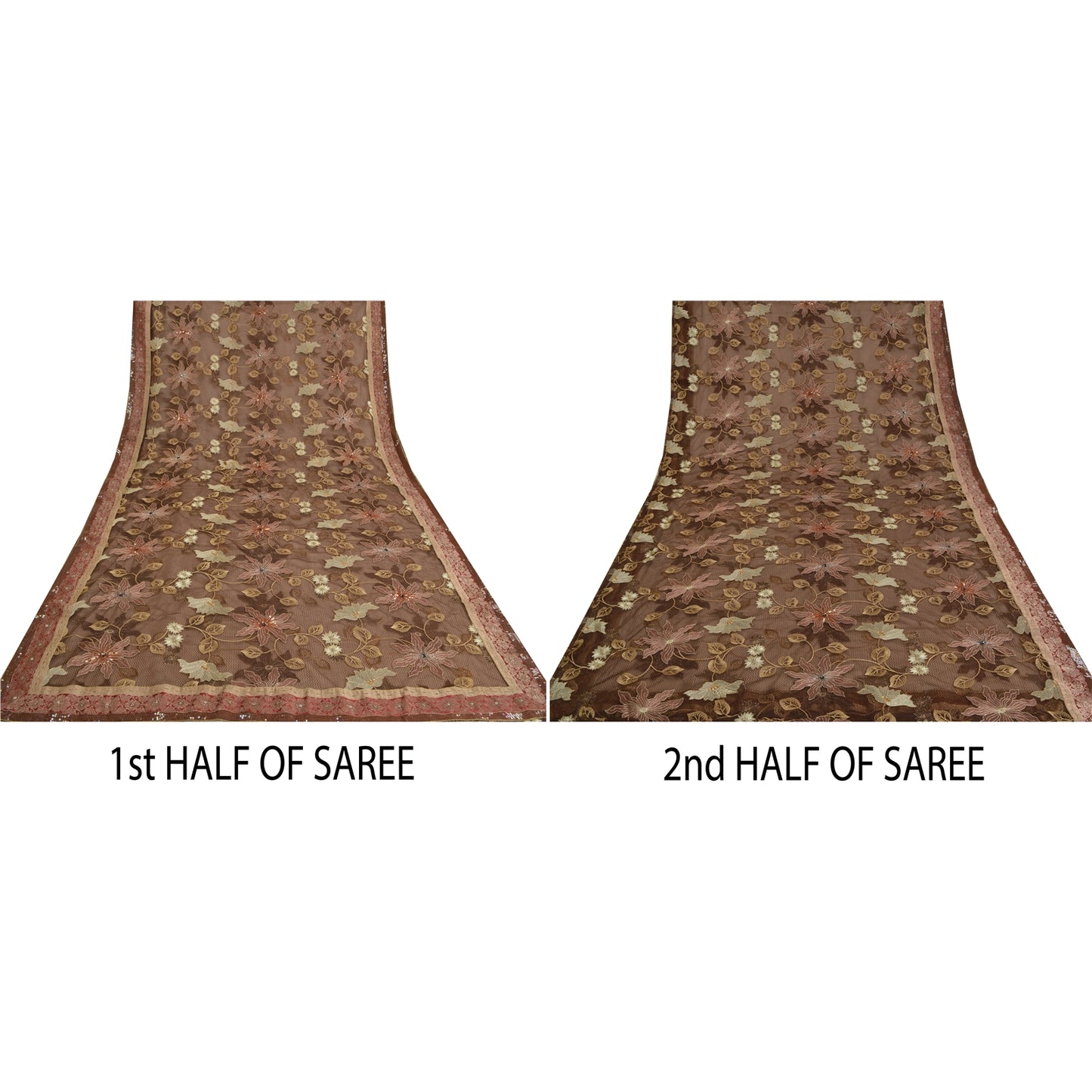 Санскрити Винтаж Коричневый Тяжелые Сари Сетка Вышитая Вечеринка Сари Экологичная Ткань