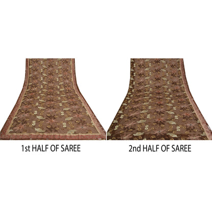 Санскрити Винтаж Коричневый Тяжелые Сари Сетка Вышитая Вечеринка Сари Экологичная Ткань