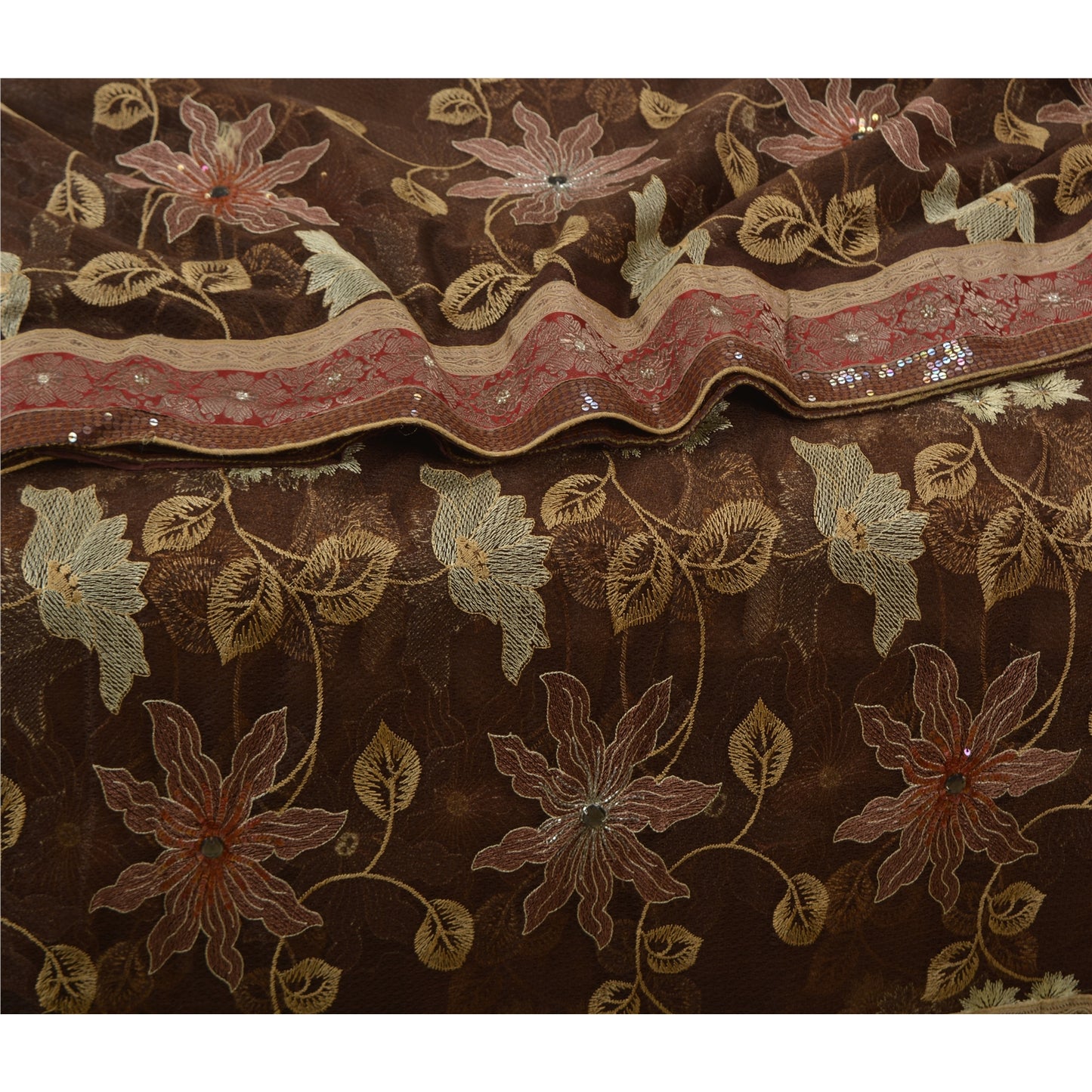 Санскрити Винтаж Коричневый Тяжелые Сари Сетка Вышитая Вечеринка Сари Экологичная Ткань