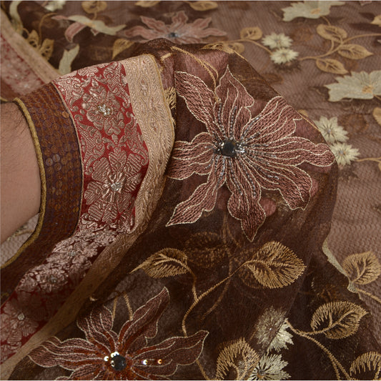 Sanskriti Vintage Brown Heavy Sarees Net Mesh Embroidered Party Sari Sustainable Fabric