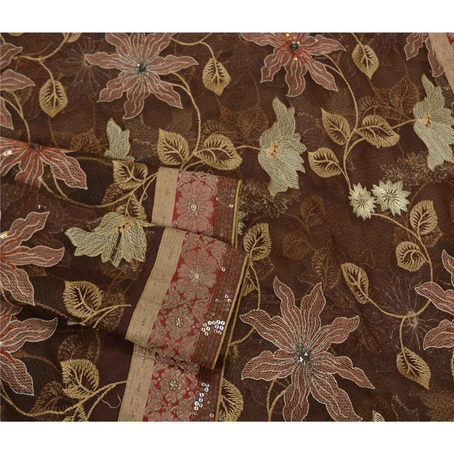 Санскрити Винтаж Коричневый Тяжелые Сари Сетка Вышитая Вечеринка Сари Экологичная Ткань