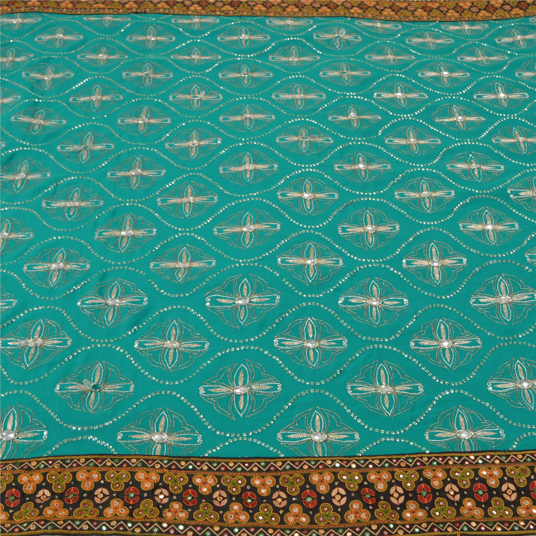Sanskriti Vintage Green Heavy Sarees Georgette Handmade Kutch Work Sari Fabric