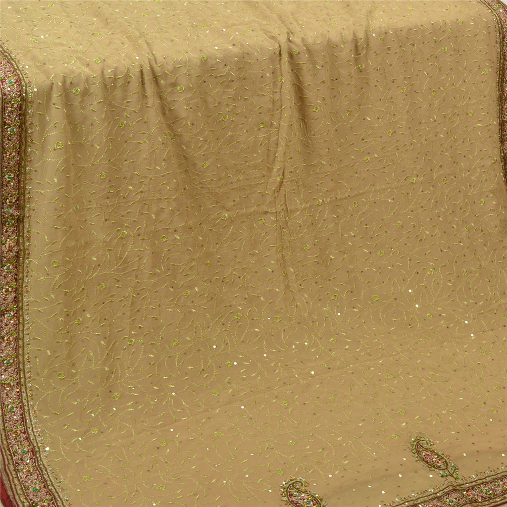 Sanskriti Vintage Beige Heavy Sarees Pure Georgette Silk Hand Beaded Sari Sustainable Fabric