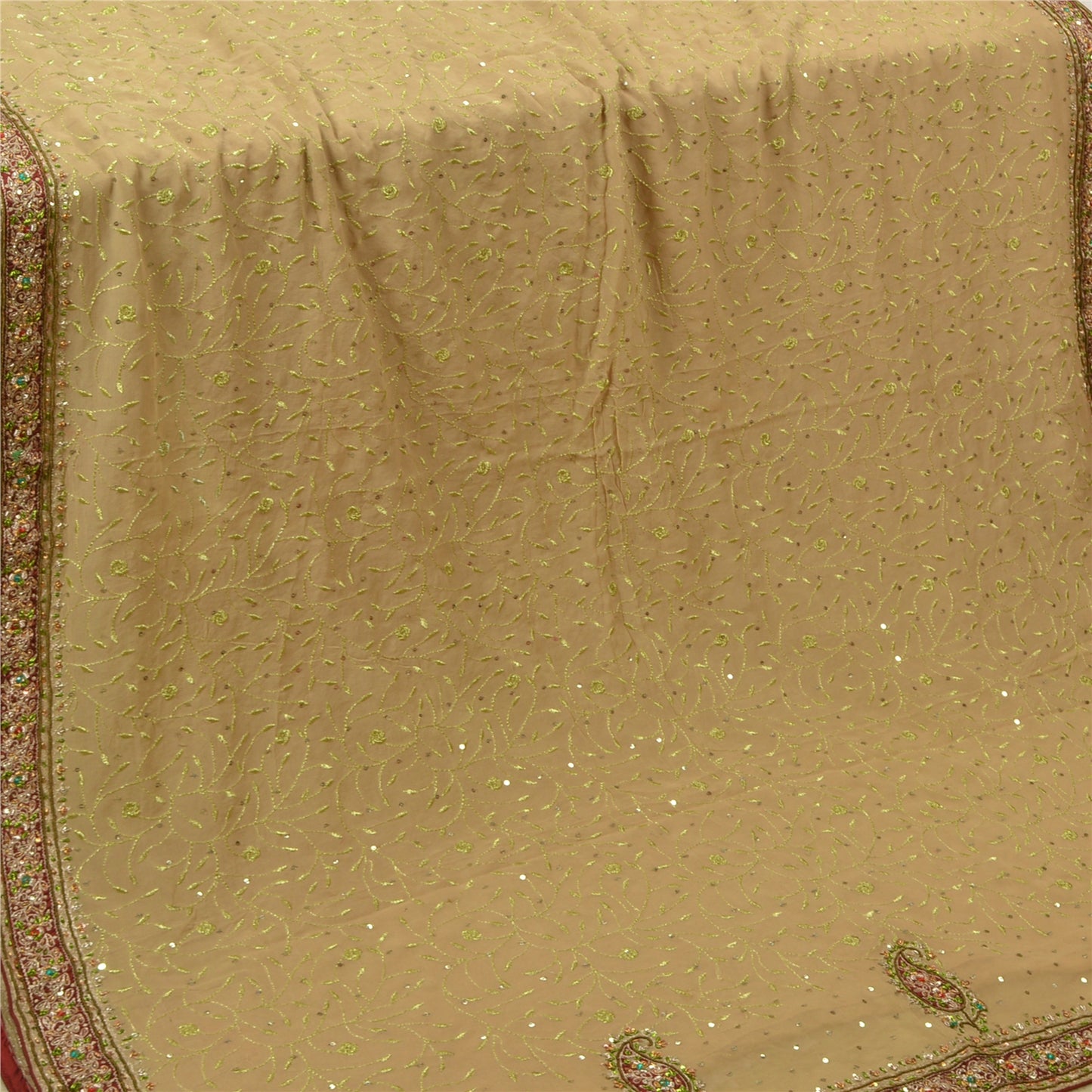 Sanskriti Vintage Beige Heavy Sarees Pure Georgette Silk Hand Beaded Sari Sustainable Fabric