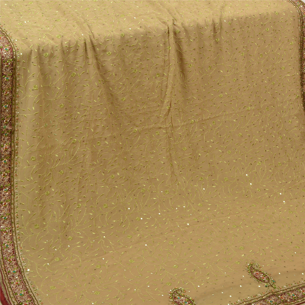 Sanskriti Vintage Beige Heavy Sarees Pure Georgette Silk Hand Beaded Sari Fabric