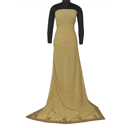 Sanskriti Vintage Beige Heavy Sarees Pure Georgette Silk Hand Beaded Sari Sustainable Fabric