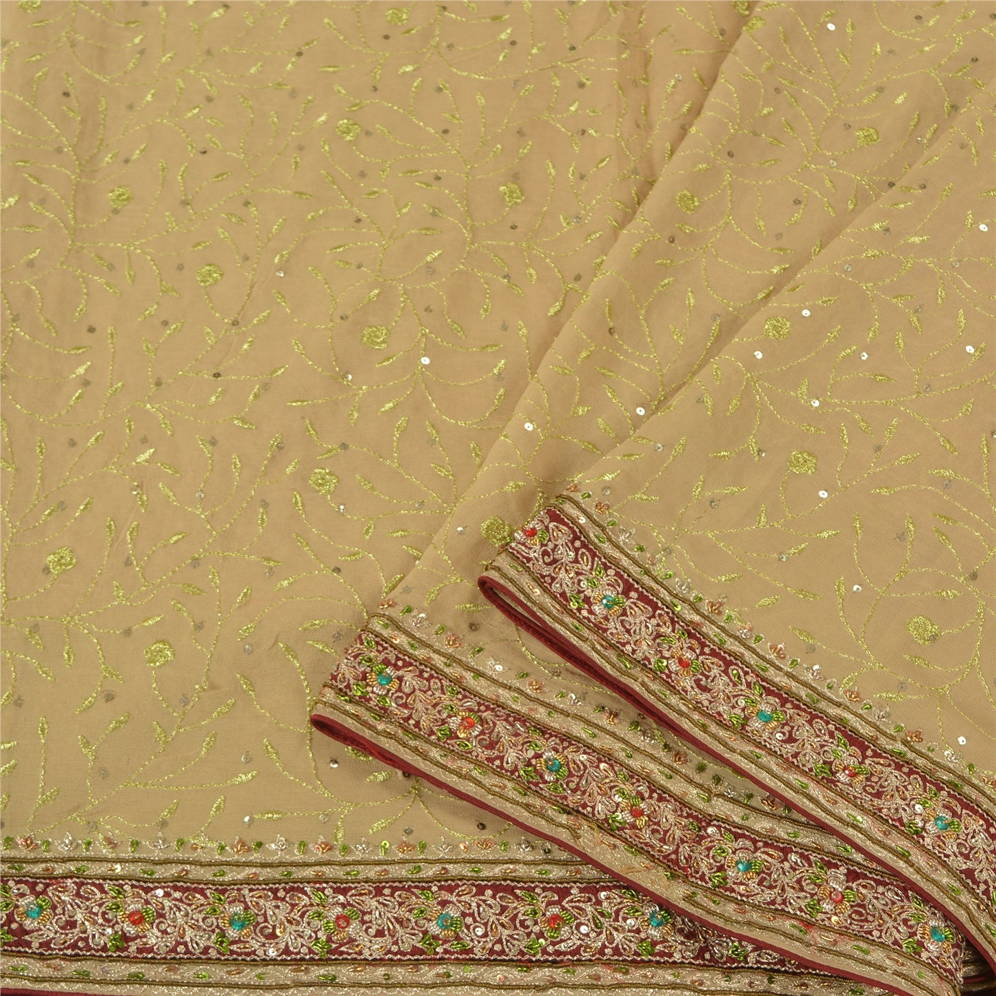 Sanskriti Vintage Beige Heavy Sarees Pure Georgette Silk Hand Beaded Sari Sustainable Fabric