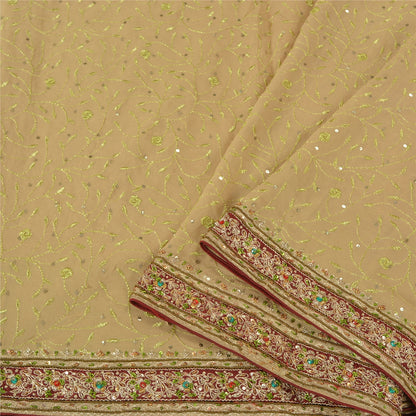 Sanskriti Vintage Beige Heavy Sarees Pure Georgette Silk Hand Beaded Sari Sustainable Fabric