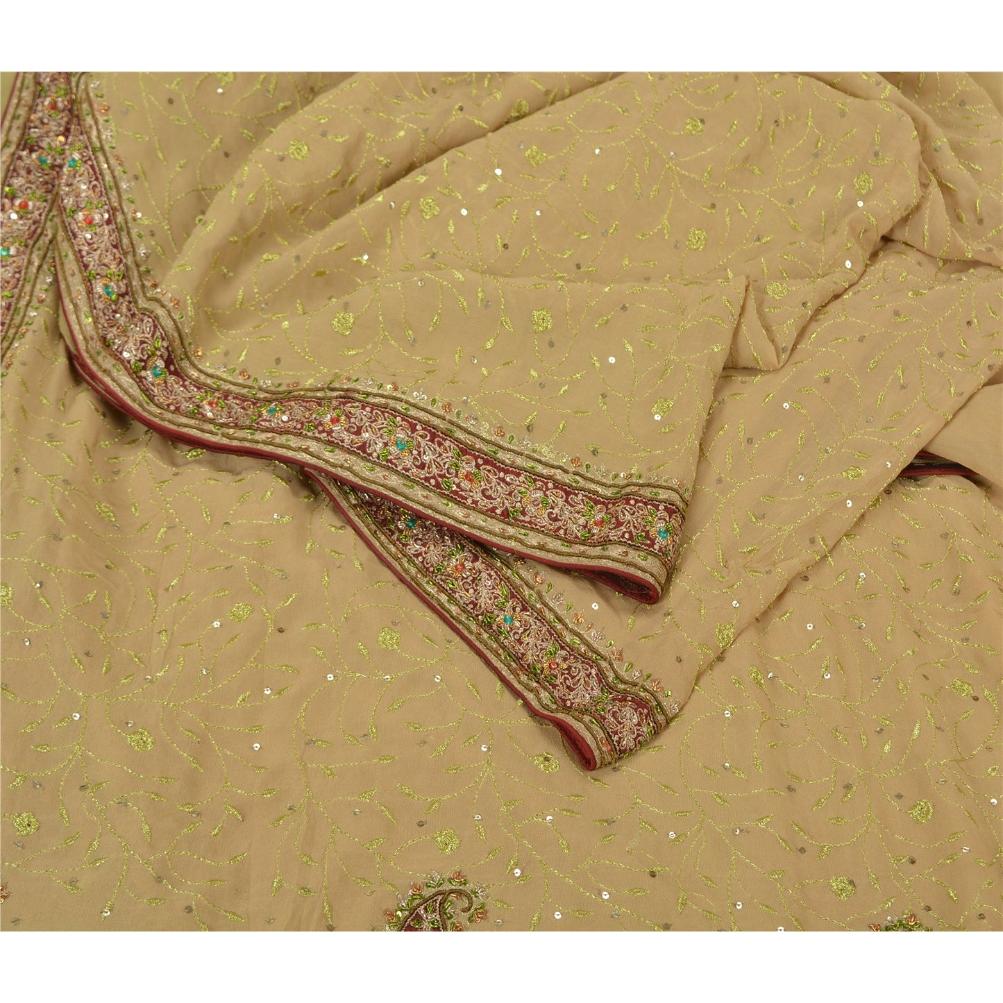 Sanskriti Vintage Beige Heavy Sarees Pure Georgette Silk Hand Beaded Sari Sustainable Fabric