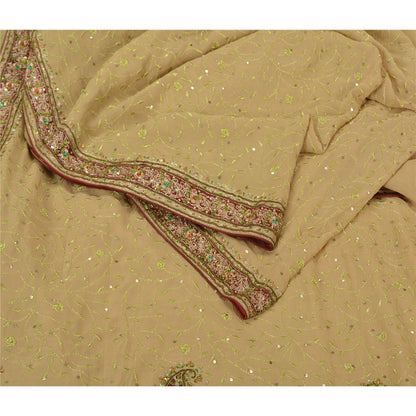 Sanskriti Vintage Beige Heavy Sarees Pure Georgette Silk Hand Beaded Sari Sustainable Fabric