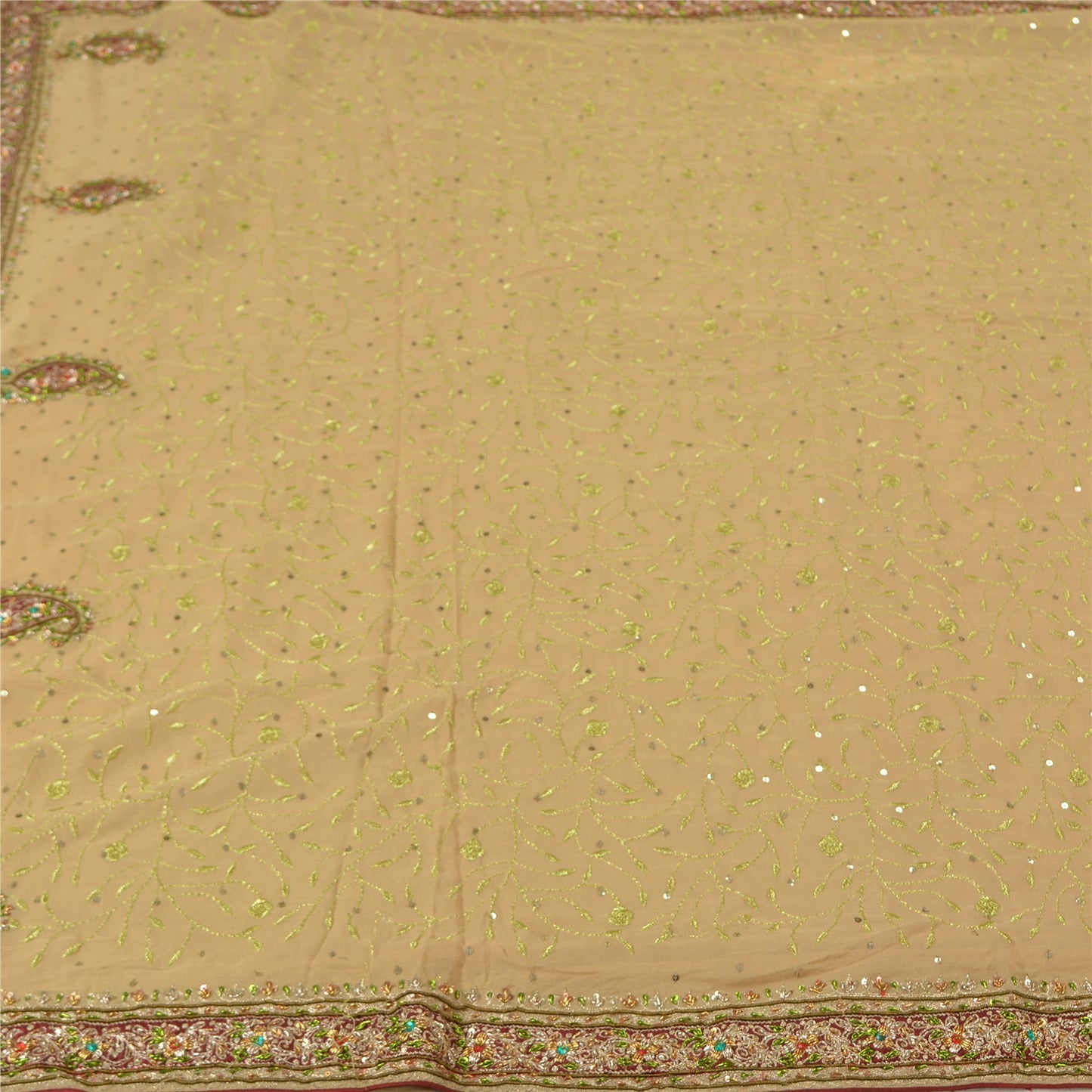 Sanskriti Vintage Beige Heavy Sarees Pure Georgette Silk Hand Beaded Sari Sustainable Fabric