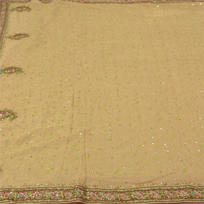 Sanskriti Vintage Beige Heavy Sarees Pure Georgette Silk Hand Beaded Sari Sustainable Fabric
