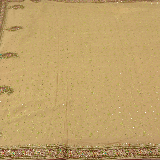 Sanskriti Vintage Beige Heavy Sarees Pure Georgette Silk Hand Beaded Sari Sustainable Fabric