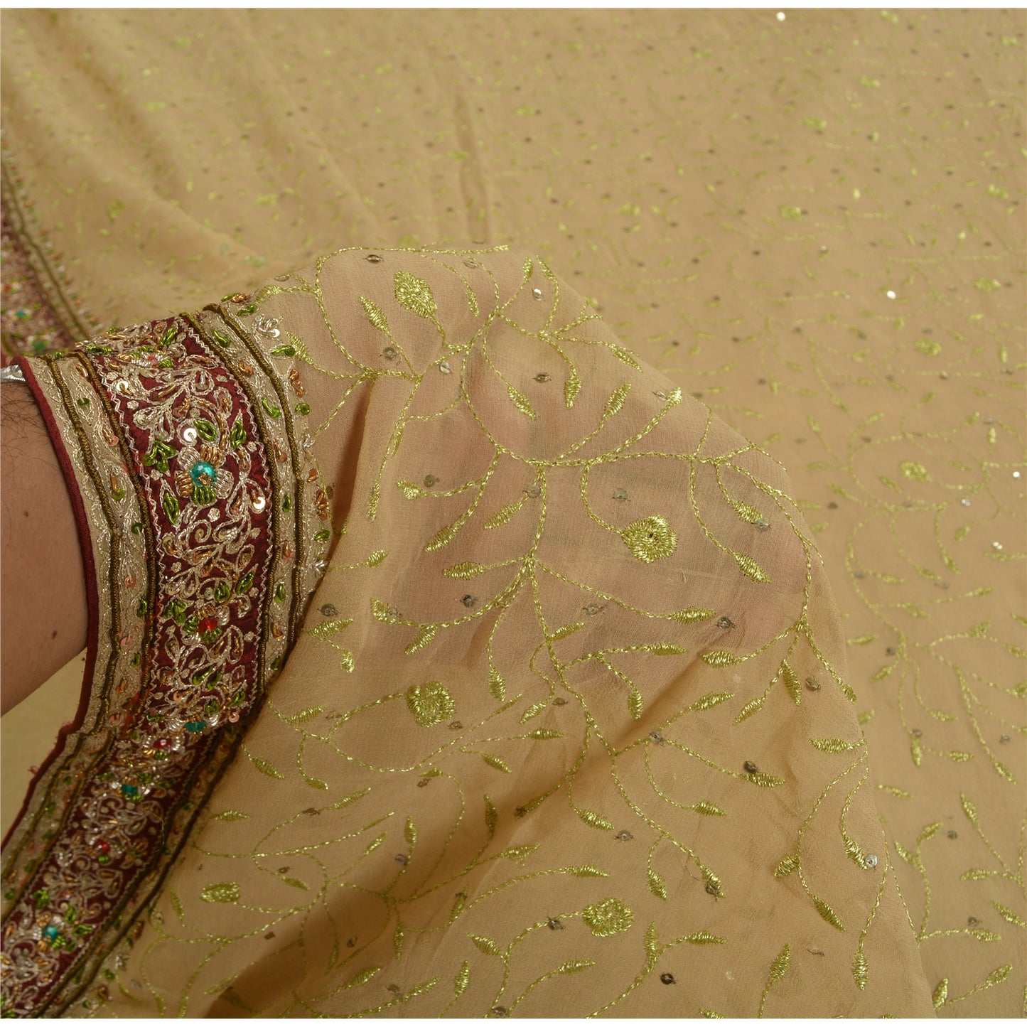 Sanskriti Vintage Beige Heavy Sarees Pure Georgette Silk Hand Beaded Sari Sustainable Fabric