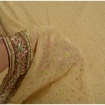 Sanskriti Vintage Beige Heavy Sarees Pure Georgette Silk Hand Beaded Sari Sustainable Fabric