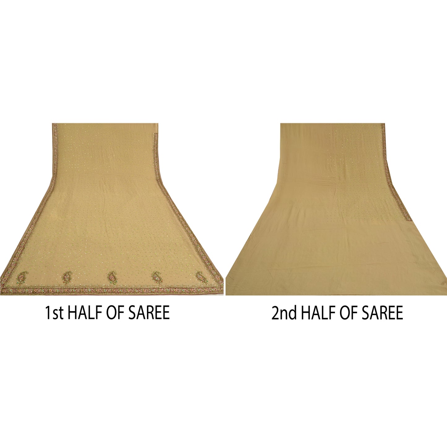 Sanskriti Vintage Beige Heavy Sarees Pure Georgette Silk Hand Beaded Sari Sustainable Fabric