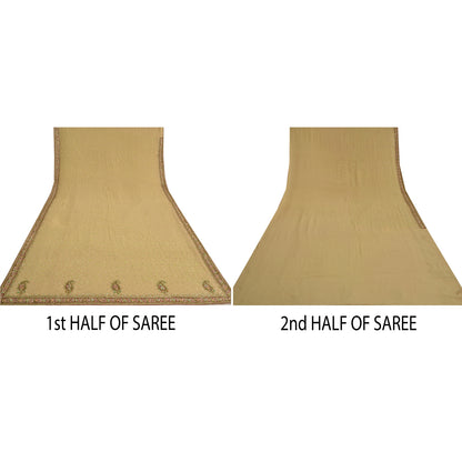 Sanskriti Vintage Beige Heavy Sarees Pure Georgette Silk Hand Beaded Sari Sustainable Fabric