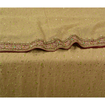 Sanskriti Vintage Beige Heavy Sarees Pure Georgette Silk Hand Beaded Sari Sustainable Fabric
