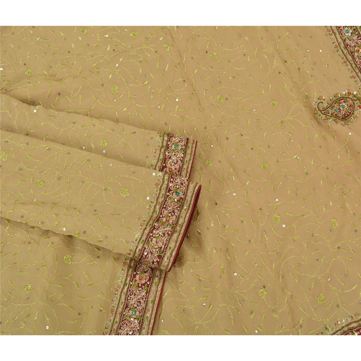 Sanskriti Vintage Beige Heavy Sarees Pure Georgette Silk Hand Beaded Sari Sustainable Fabric