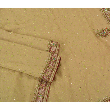 Sanskriti Vintage Beige Heavy Sarees Pure Georgette Silk Hand Beaded Sari Sustainable Fabric