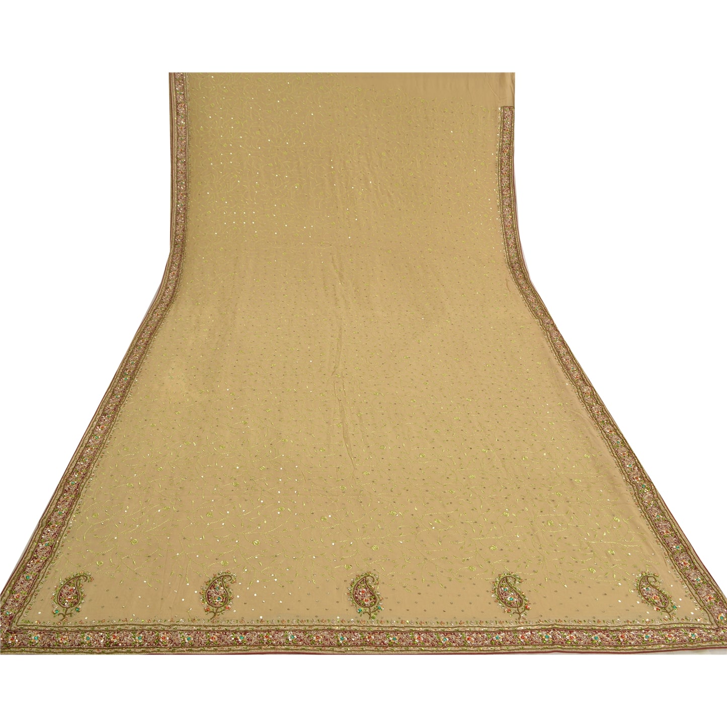 Sanskriti Vintage Beige Heavy Sarees Pure Georgette Silk Hand Beaded Sari Sustainable Fabric