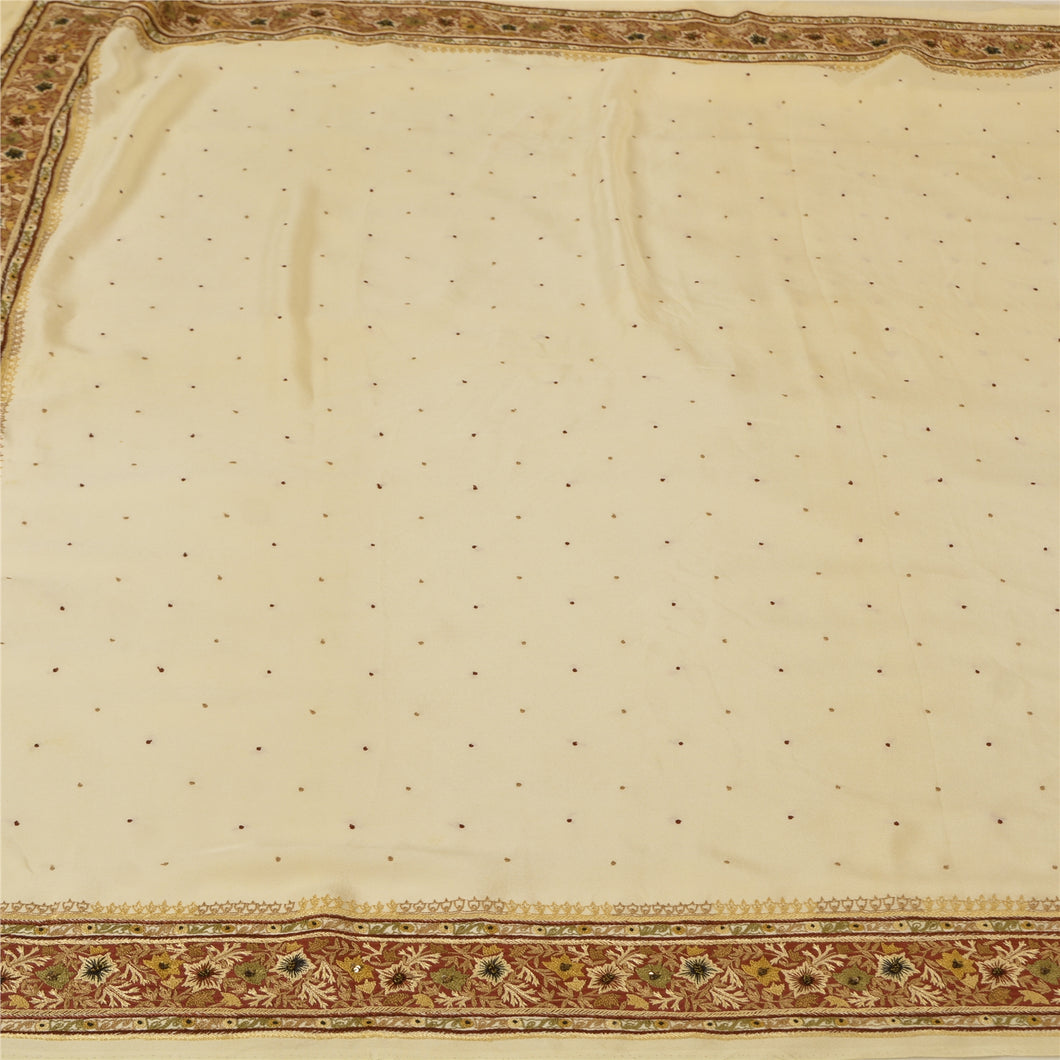 Sanskriti Vintage Ivory Heavy Sarees Pure Crepe Silk Hand Beaded Sari Fabric