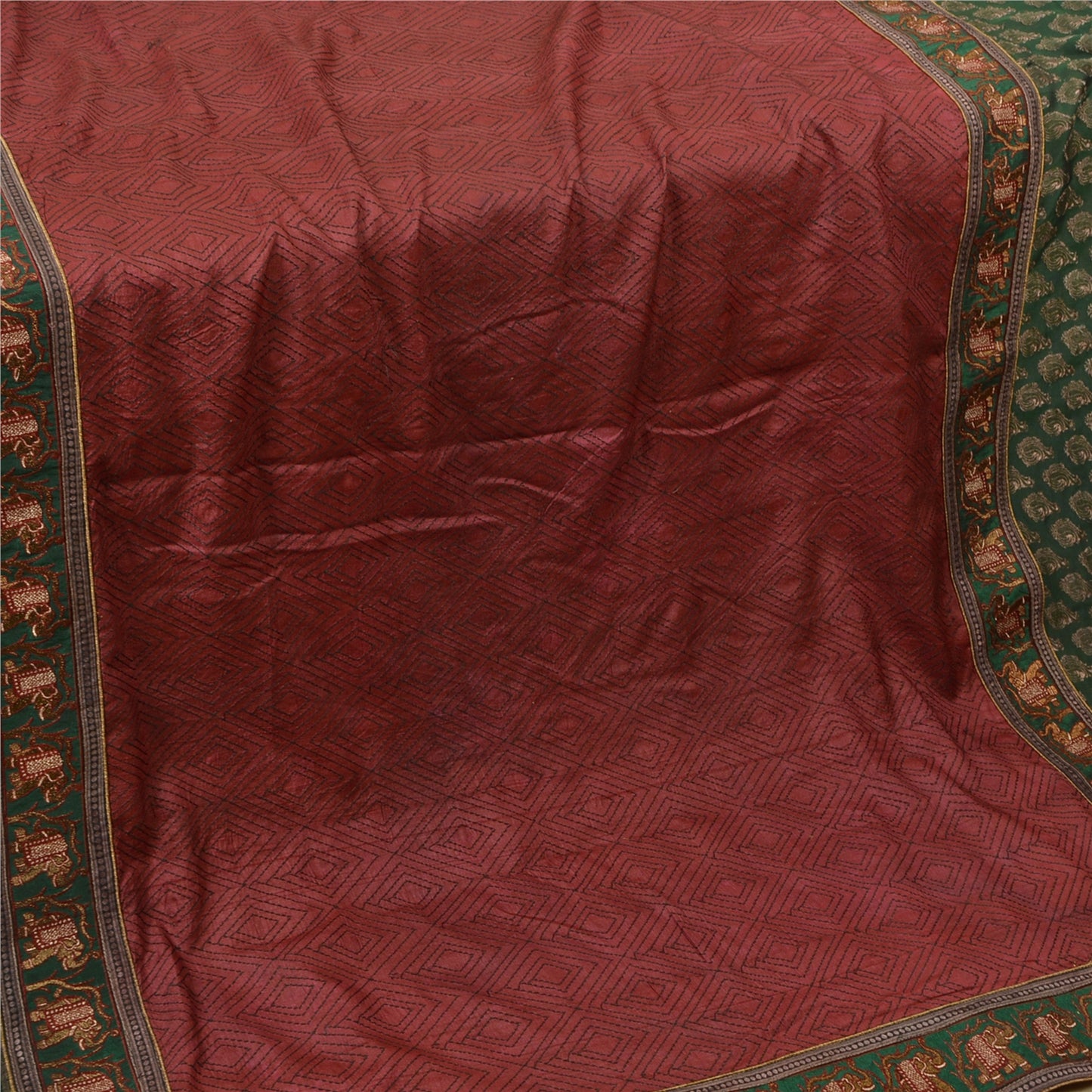 Sanskriti Vintage Dark Red Heavy Sarees Pure Silk Embroidered Animal Sari Sustainable Fabric
