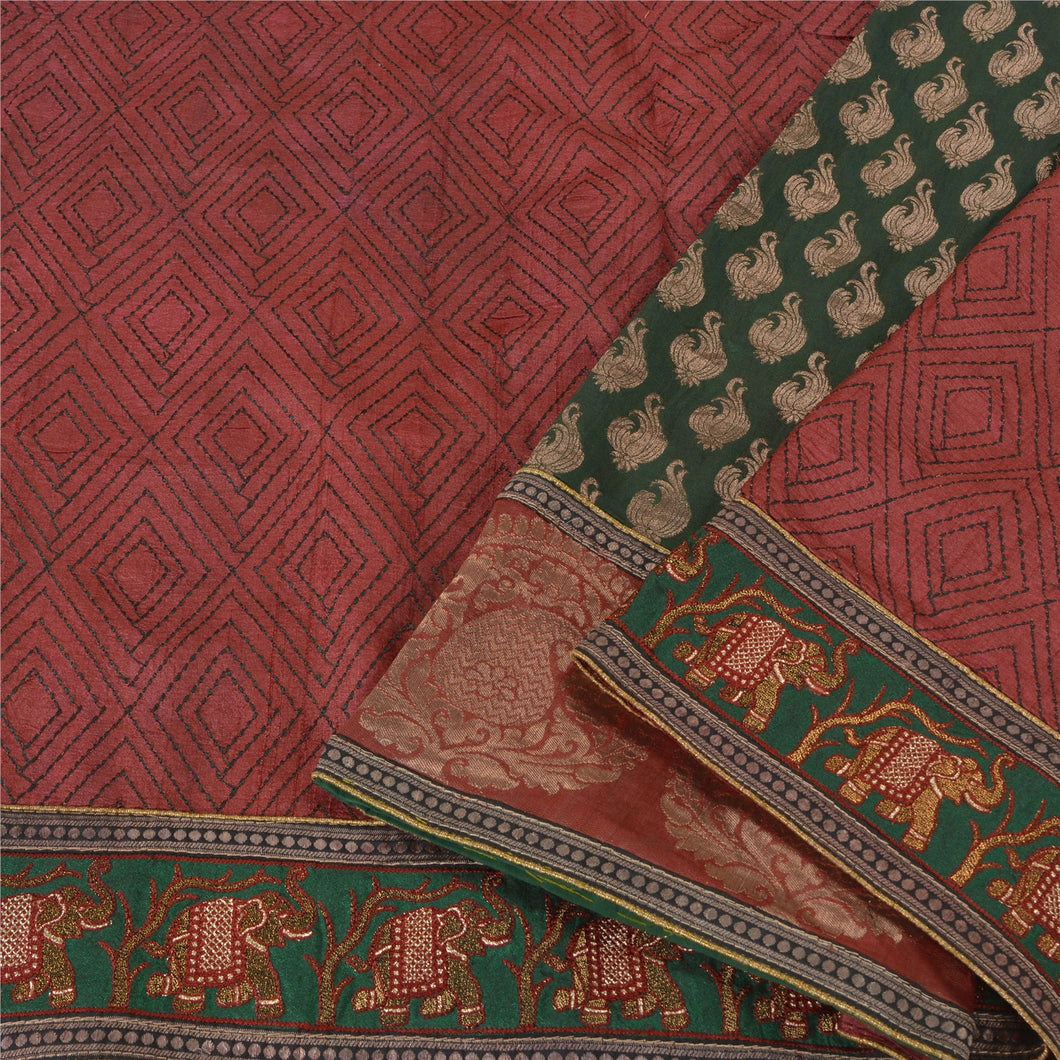 Sanskriti Vintage Dark Red Heavy Sarees Pure Silk Embroidered Animal Sari Fabric