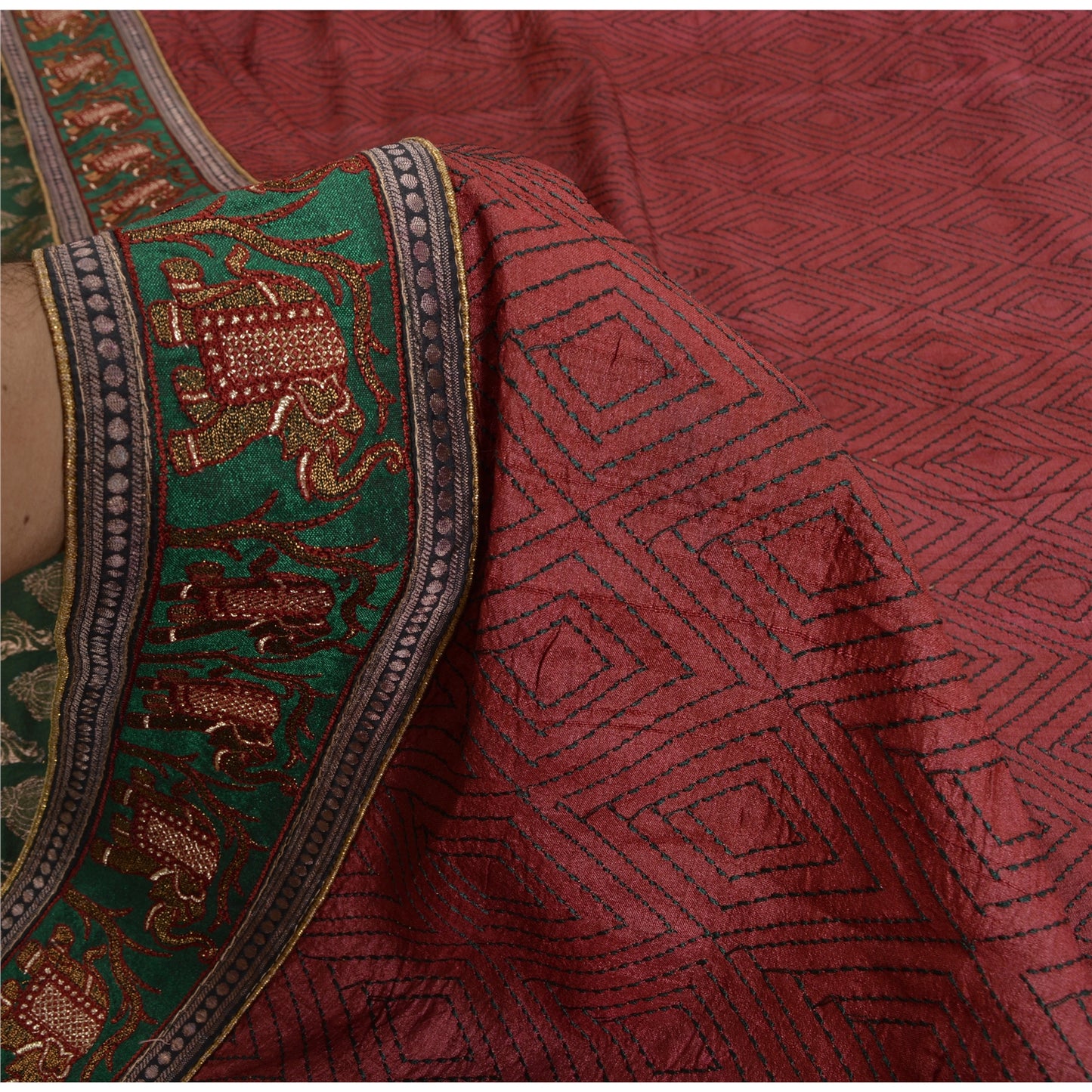 Sanskriti Vintage Dark Red Heavy Sarees Pure Silk Embroidered Animal Sari Sustainable Fabric