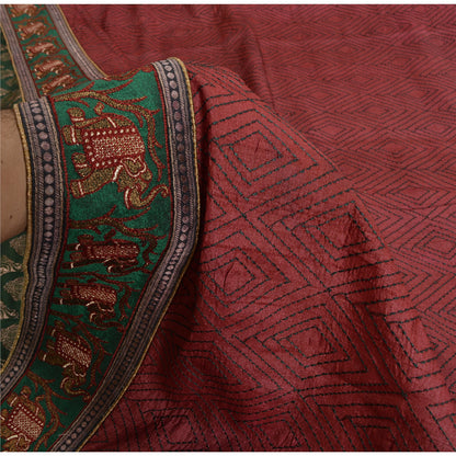 Sanskriti Vintage Dark Red Heavy Sarees Pure Silk Embroidered Animal Sari Sustainable Fabric