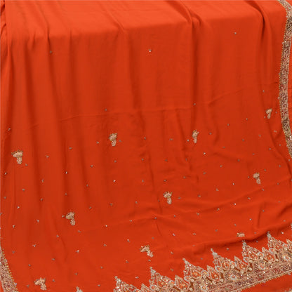 Sanskriti Vintage Orange Heavy Indian Sarees Georgette Hand Beaded Sari Sustainable Fabric