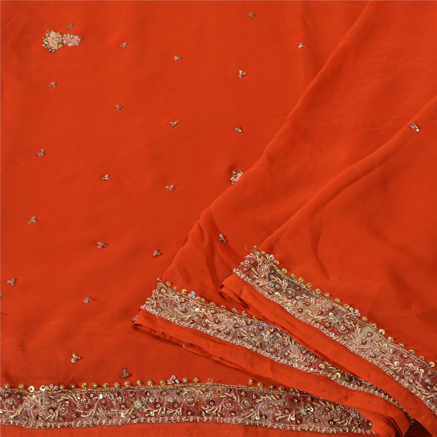 Sanskriti Vintage Orange Heavy Indian Sarees Georgette Hand Beaded Sari Sustainable Fabric