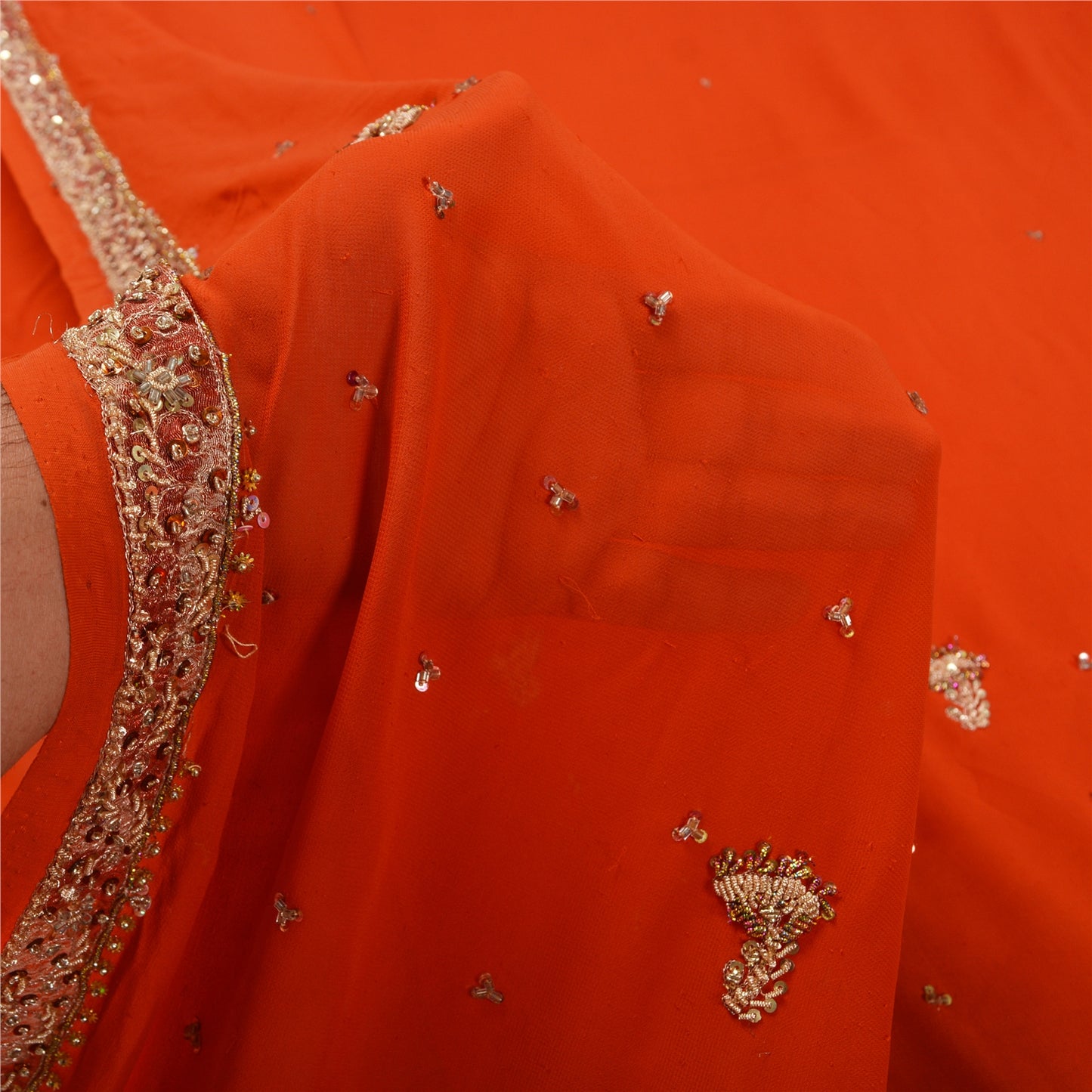 Sanskriti Vintage Orange Heavy Indian Sarees Georgette Hand Beaded Sari Sustainable Fabric