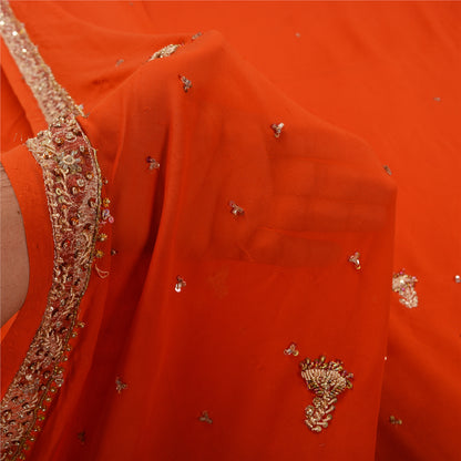 Sanskriti Vintage Orange Heavy Indian Sarees Georgette Hand Beaded Sari Sustainable Fabric