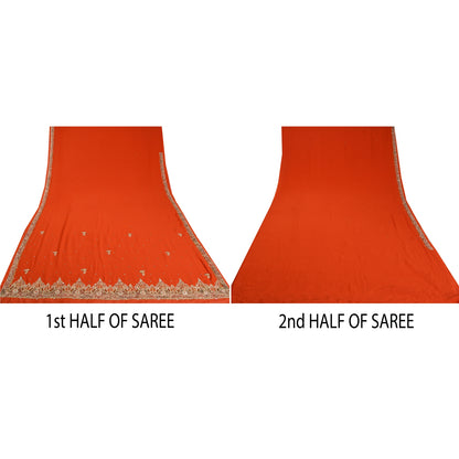 Sanskriti Vintage Orange Heavy Indian Sarees Georgette Hand Beaded Sari Sustainable Fabric