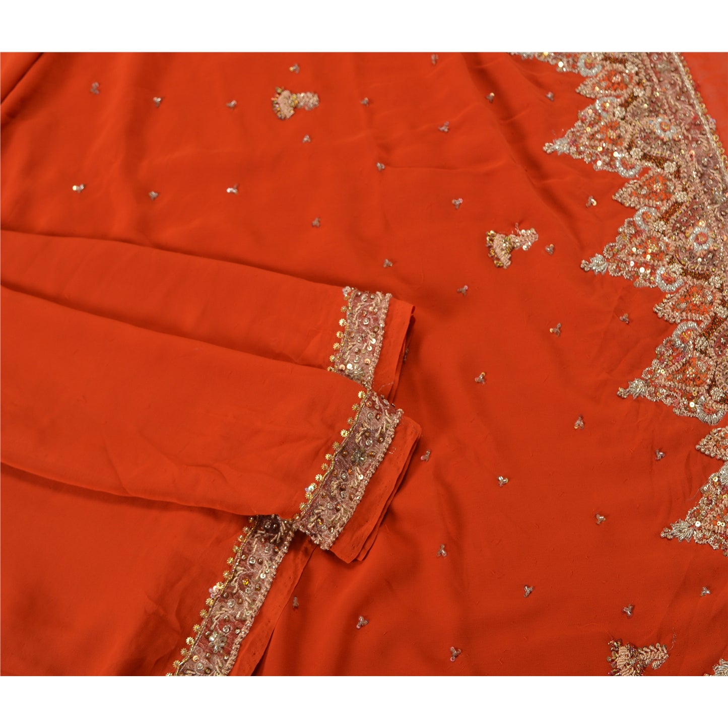 Sanskriti Vintage Orange Heavy Indian Sarees Georgette Hand Beaded Sari Sustainable Fabric