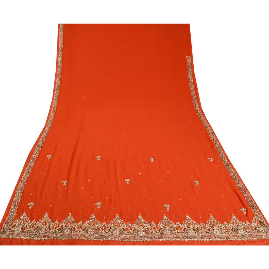 Sanskriti Vintage Orange Heavy Indian Sarees Georgette Hand Beaded Sari Fabric