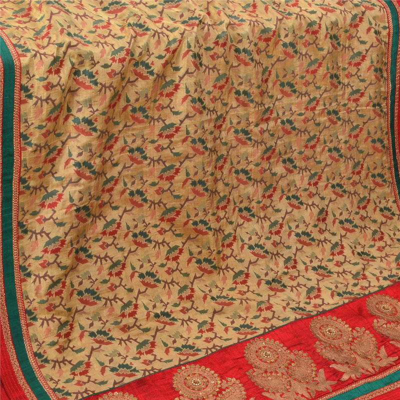 Sanskriti Vintage Saree Blend Silk Cream Saree Hand Beaded Jamdani Bengali Woven Rare 5yd Craft Fabric Quilting Material For DIY Projects