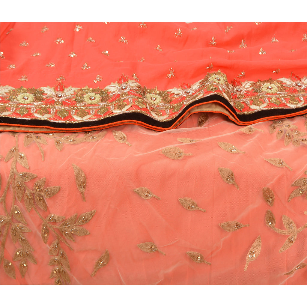 Sanskriti Vintage Peach/Net Mesh Heavy Sarees Net Mesh Hand Beaded Sari Sustainable Fabric