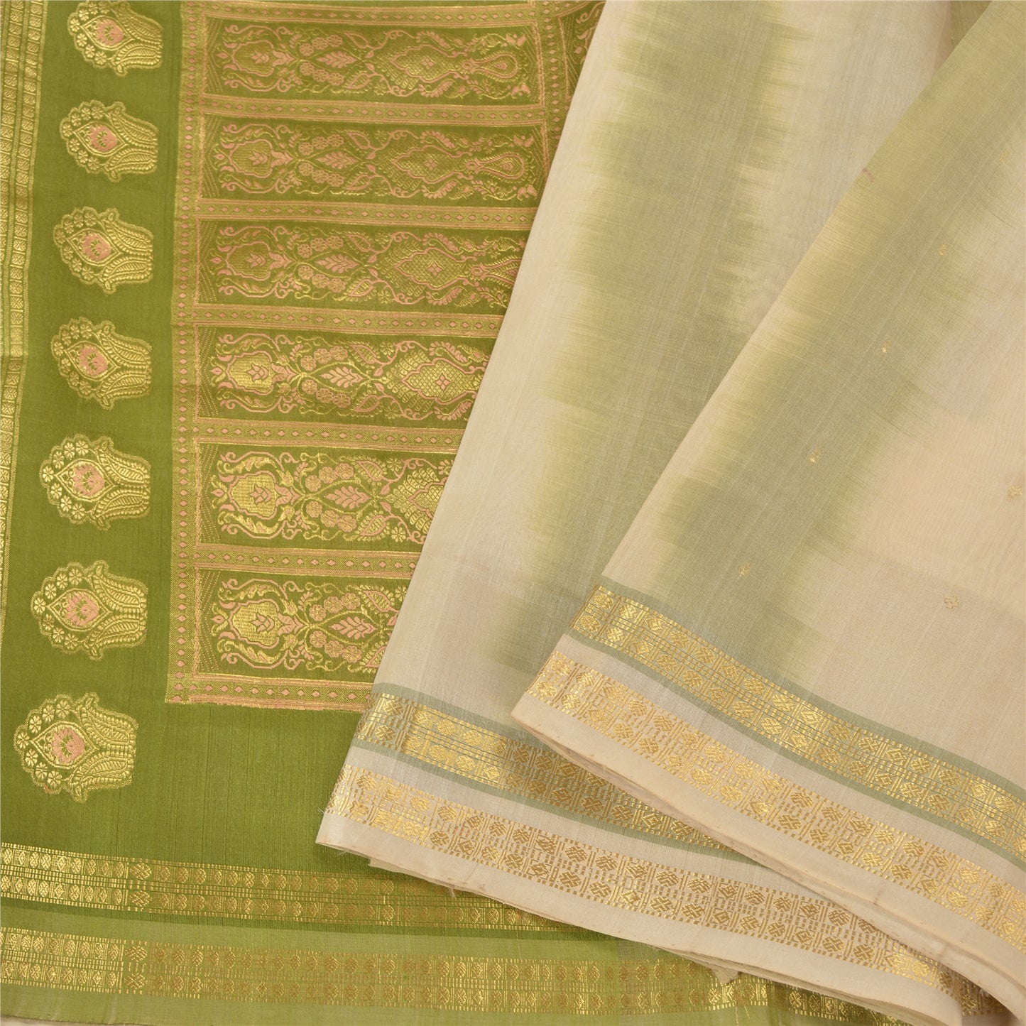 Sanskriti Vintage Green Heavy Indian Sarees Pure Silk Woven Brocade Sari Sustainable Fabric