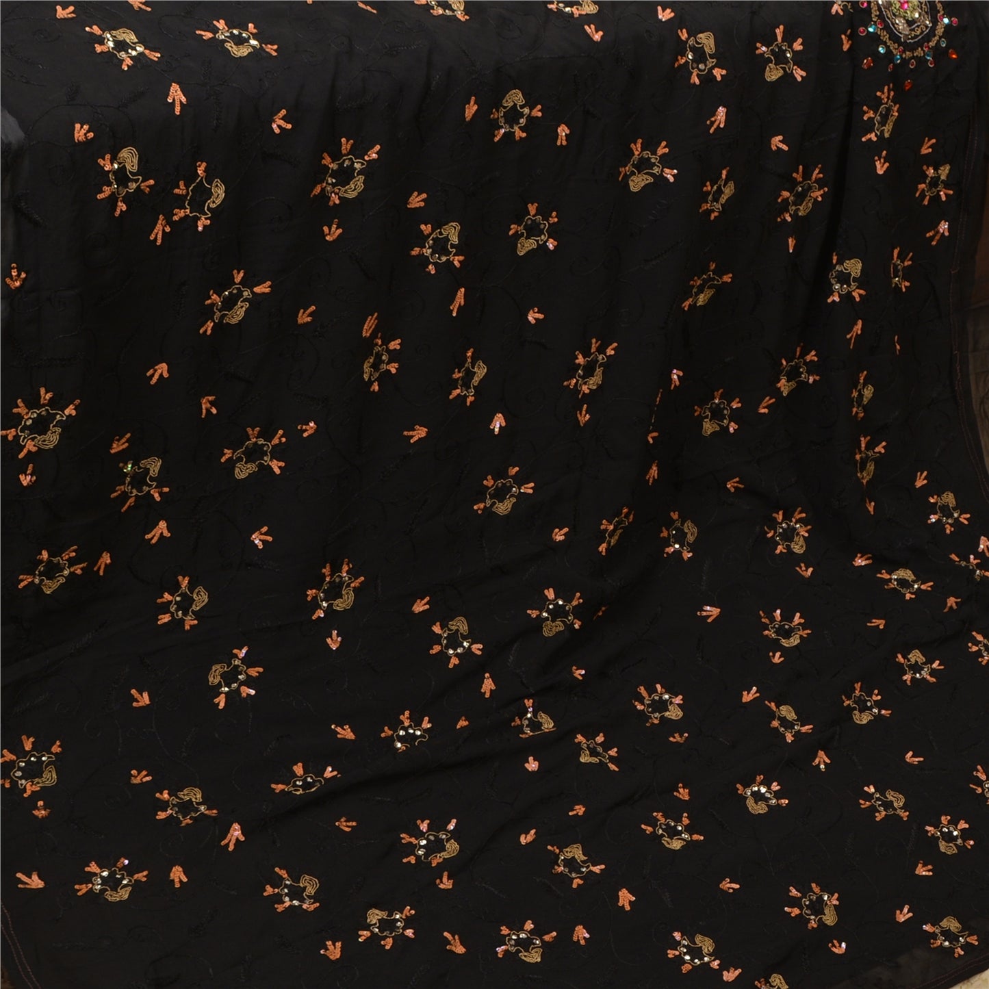 Sanskriti Vintage Black Bollywood Sarees Pure Georgette Hand Beaded Sari Sustainable Fabric