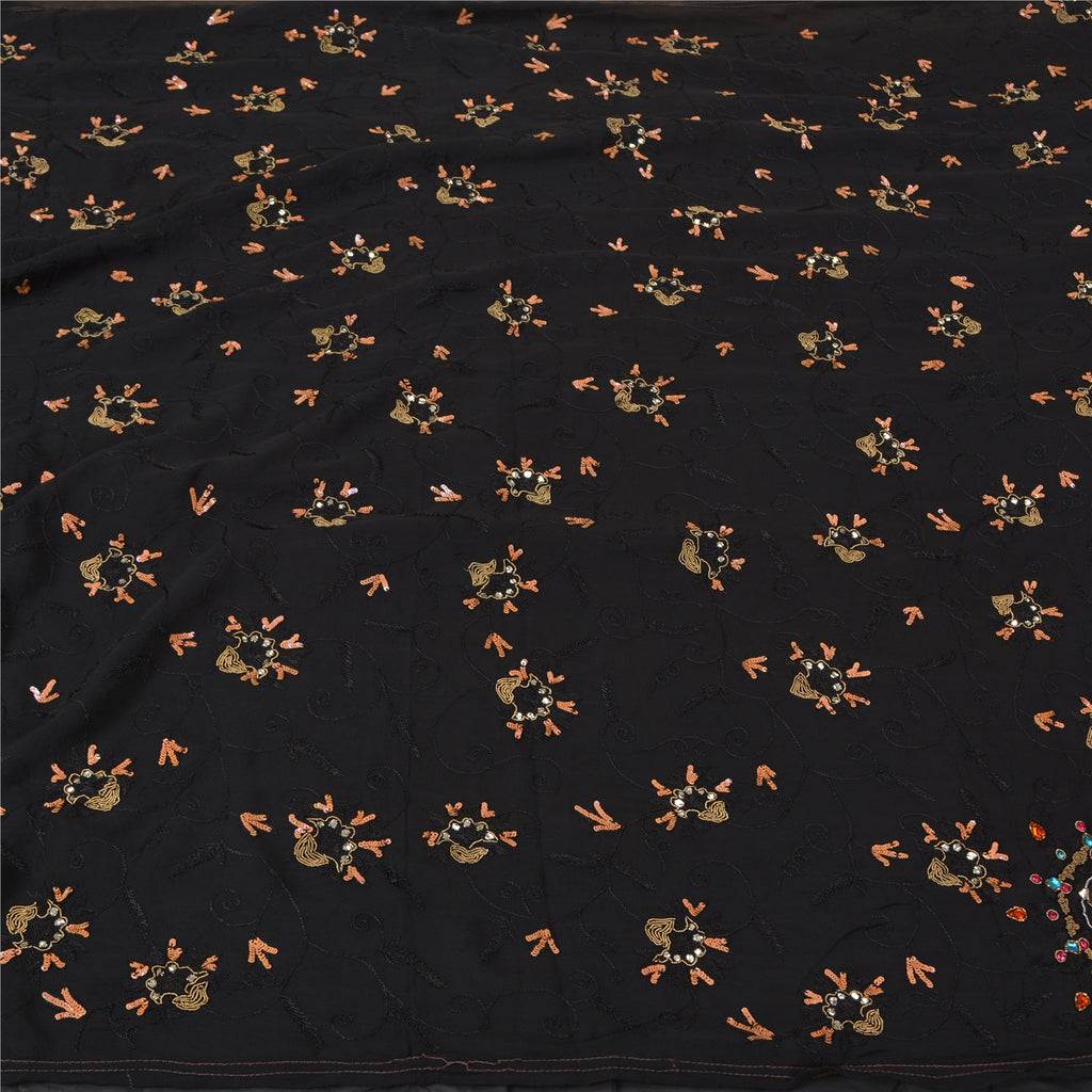 Sanskriti Vintage Black Bollywood Sarees Pure Georgette Hand Beaded Sari Sustainable Fabric