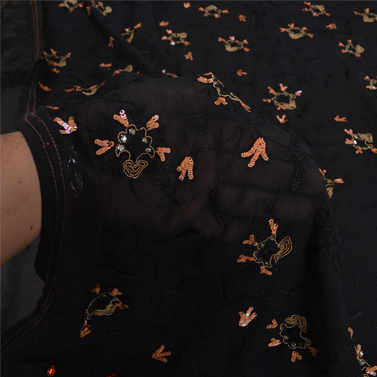 Sanskriti Vintage Black Bollywood Sarees Pure Georgette Hand Beaded Sari Sustainable Fabric