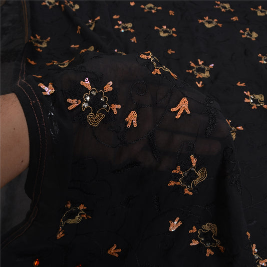 Sanskriti Vintage Black Bollywood Sarees Pure Georgette Hand Beaded Sari Sustainable Fabric